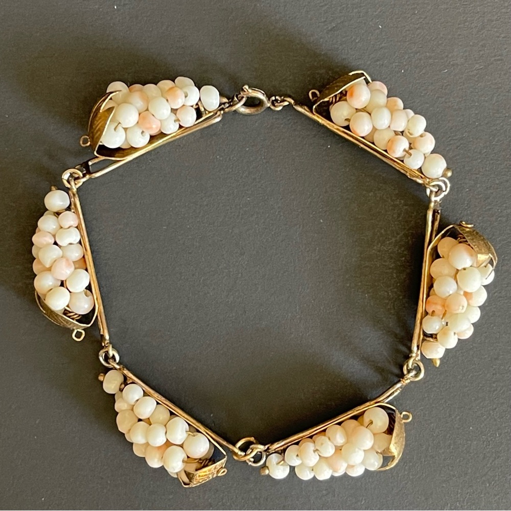 Vintage gold over 800 silver white angel skin coral grape bracelet.